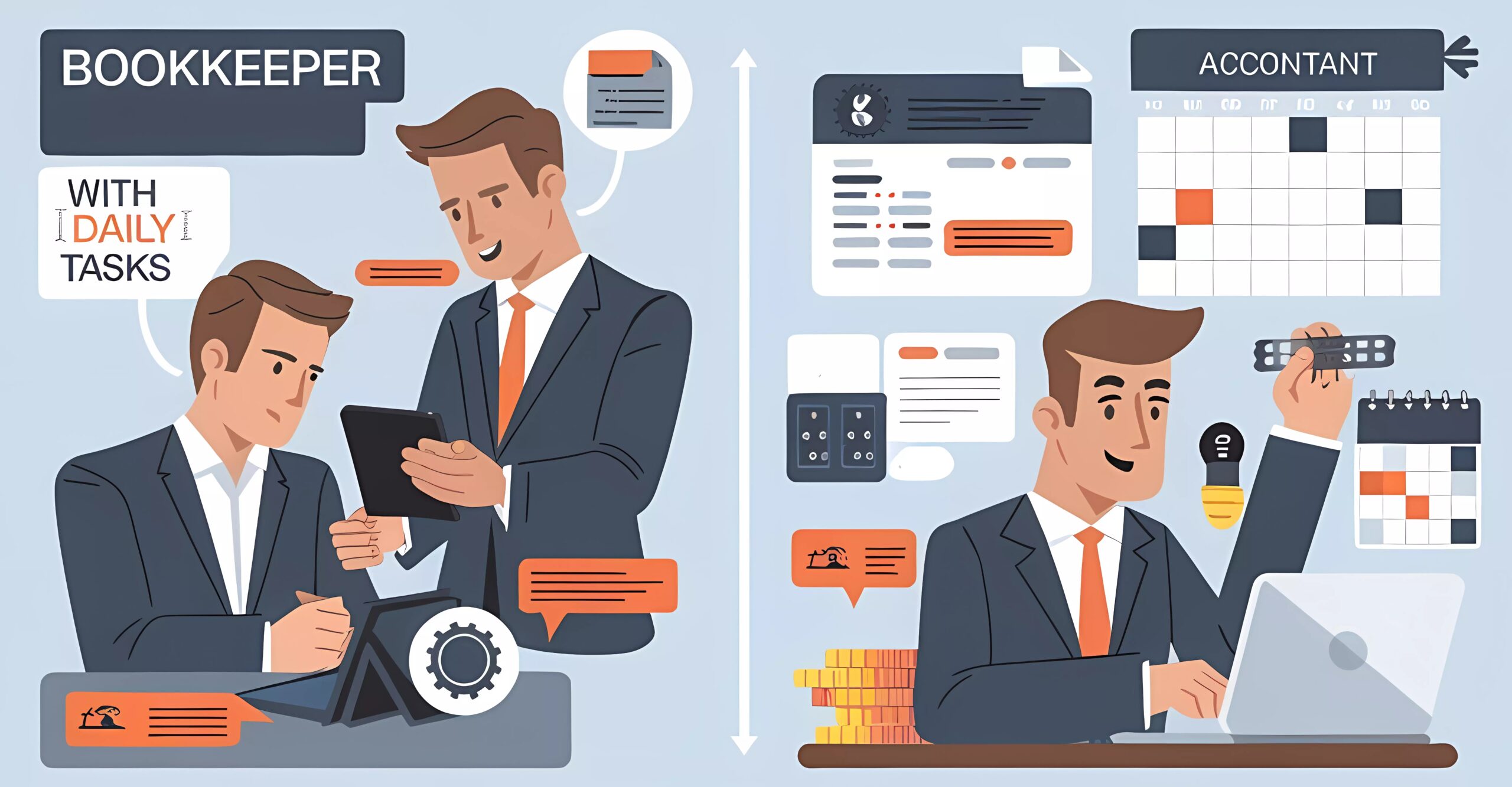 Skyrocket Growth: Bookkeeping Wisdom You Need Now 2 The Difference between a Bookkeeper and Accounting. A Bookkeeper works with a business owner througout the year on daily tasks. Which can be called Bookkeeping. An accountant handles tax filings and strategic planning